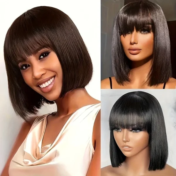 Short Bob Human Hair Wig with Bangs None Lace Front Wigs Brazilian Straight Hair