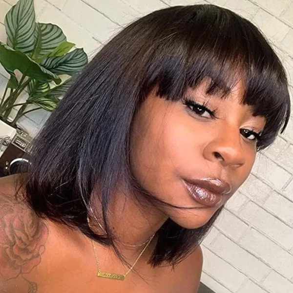 Short Bob Human Hair Wigs with Bangs No Lace Front Wigs Brazilian Straight Hair