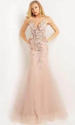 JOVANI STRAPLESS PROM DRESS, BLUSH/TULLE OVERLAY WTIH APPLIQUES SIZE 8
