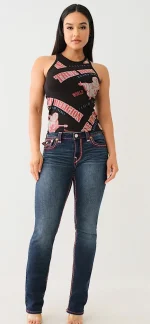 Womens True Religion Billie super T Straight Jeans dark Wash, Red Pick Sz. $219  Pinned Clo