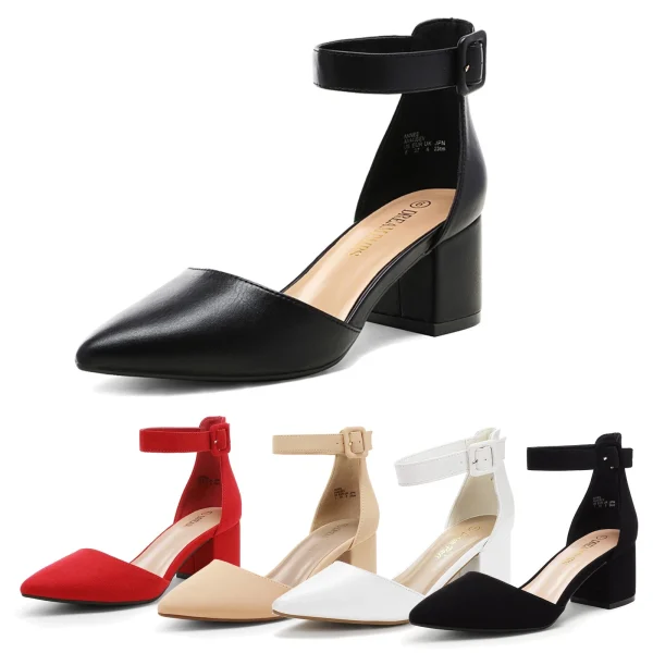 Women Ankle Straps 2.25-inch Block Heels Pointed Toe Wedding Party Dress Pumps