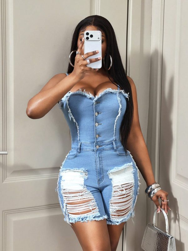 BamGleam Women's Distressed Fitted Denim Romper