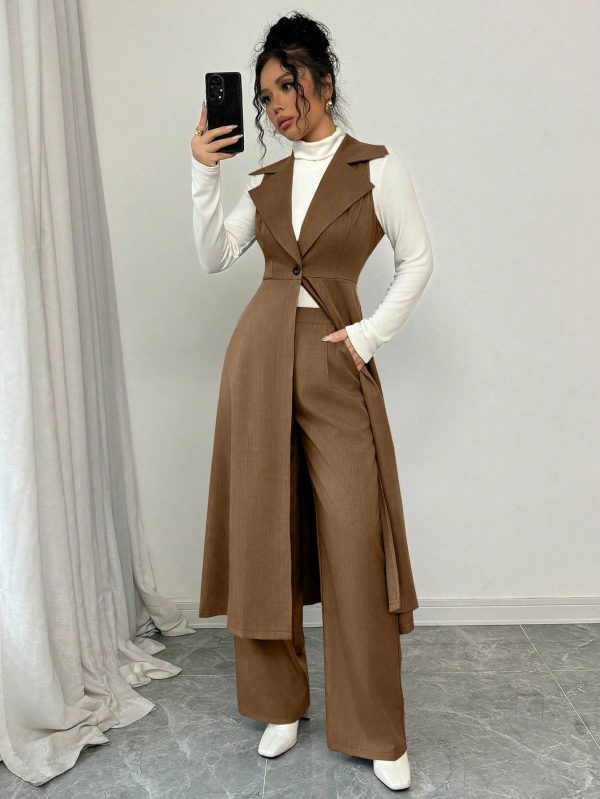 Elenzga elegant commuter sleeveless Long lapel cinched …