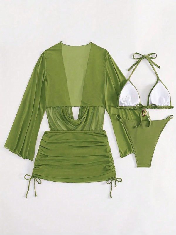 4pcs sexy solid bikini set with sheer cover -up , suitable for vocation…