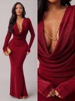 Radiana dark red burgundy elegant draped neck long sleeve fishtail… - Image 2