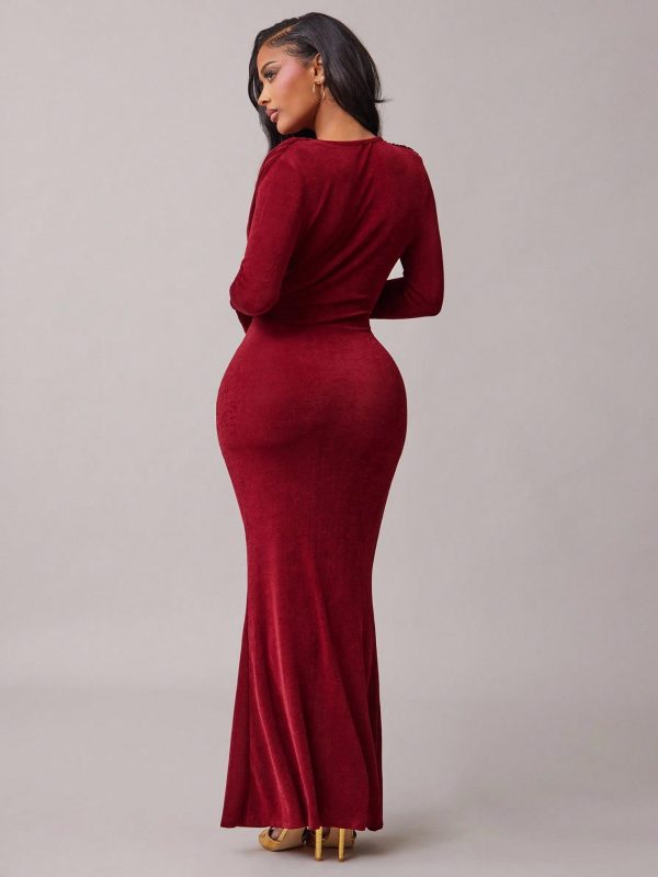 Radiana dark red burgundy elegant draped neck long sleeve fishtail…
