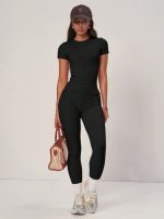 Pink tip blue basic top and pants set high- waisted slim fit essential casual … - Image 2