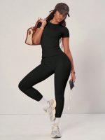 Pink tip blue basic top and pants set high- waisted slim fit essential casual …