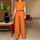 Two Piece Set Women Summer Casual Solid Lapel Single Breasted Button Short Sleev