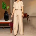 Two Piece Set Women Summer Casual Solid Lapel Single Breasted Button Short Sleev - Image 2