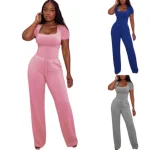 Womens 2Pcs Outfits Square Neck Short Sleeve Top Wide Leg Pants Tracksuit Sets - Image 2