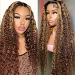 Brown Blonde Ombre Highlights Hair Lace Front Wigs Long Loose Curly Women Party - Image 2