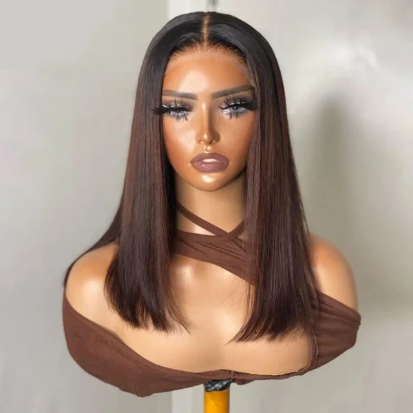 Ombre Brown Straight Long Bob Wigs 100% Human Hair Lace Front Wigs Pre Plucked