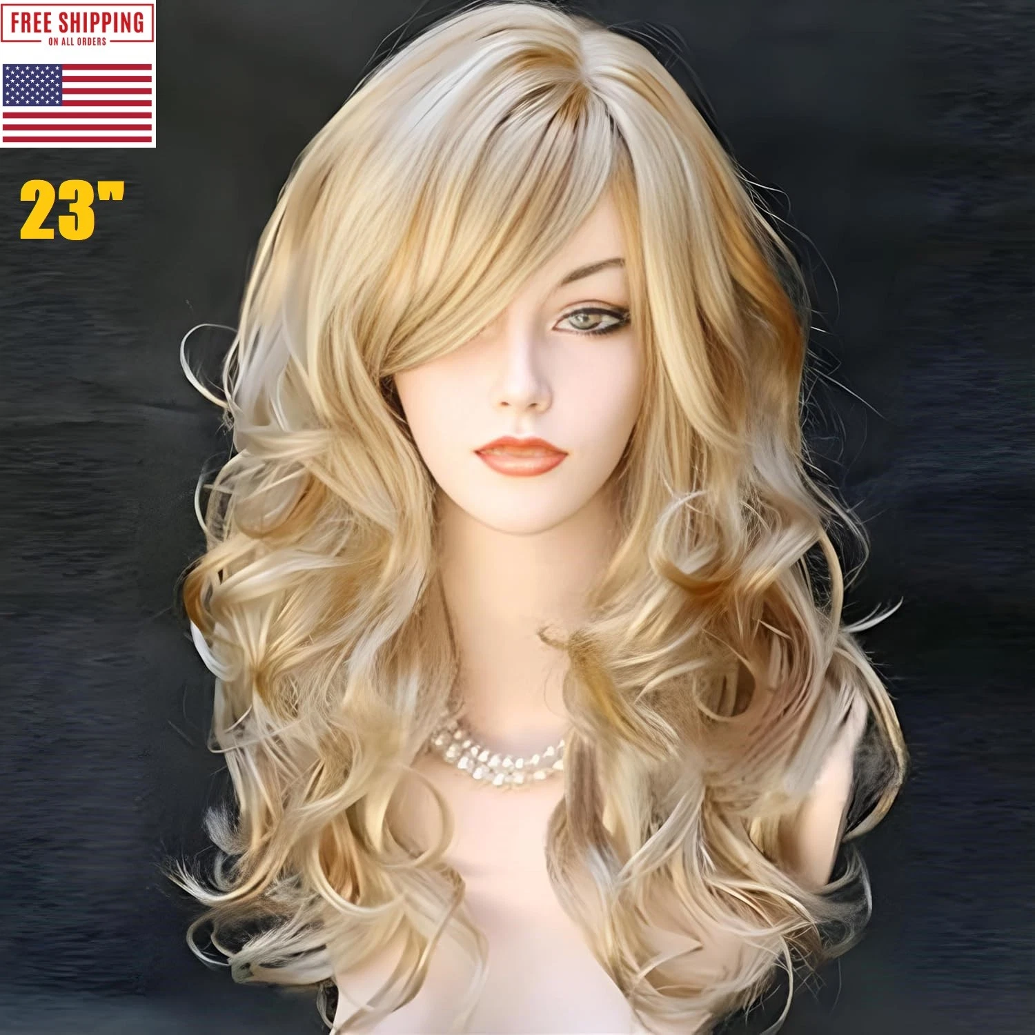 s-l1600 - 2026-06-22T142525.034 23inch Blonde Wig With Bangs Long Wavy Blonde Curly Wigs for Women Synthetic - Image 1