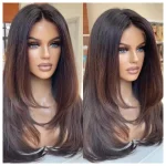 Ombre Dark Brown Black Straight Layered Wig 100% Human Hair 13x4 Lace Front Wigs