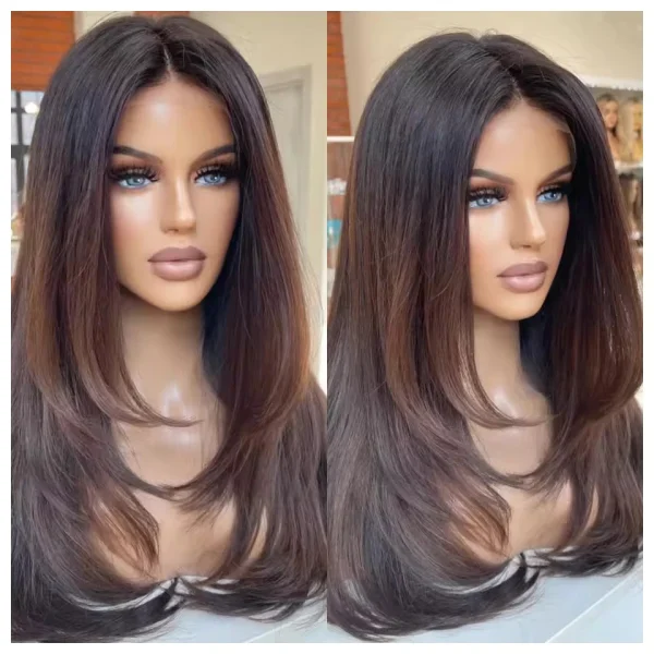 Ombre Dark Brown Black Straight Layered Wig 100% Human Hair 13x4 Lace Front Wigs