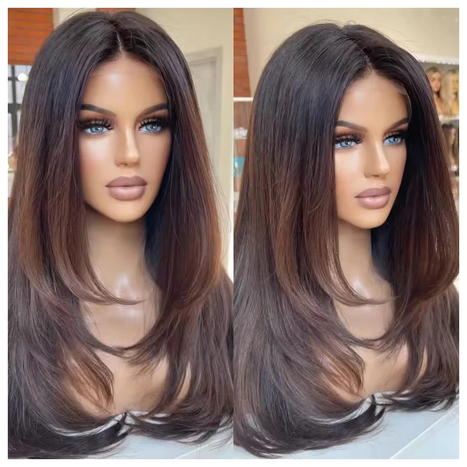s-l1600 - 2026-06-22T151647.178 Ombre Dark Brown Black Straight Layered Wig 100% Human Hair 13x4 Lace Front Wigs - Image 1