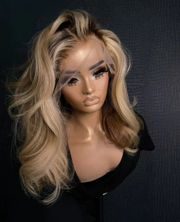 Ombre Ash Blonde Dark Roots Human Hair 13x4 Lace Front Wig Body Wave Pre Plucked