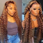 Brown Blonde Ombre Highlights Hair Lace Front Wigs Long Loose Curly Women Party