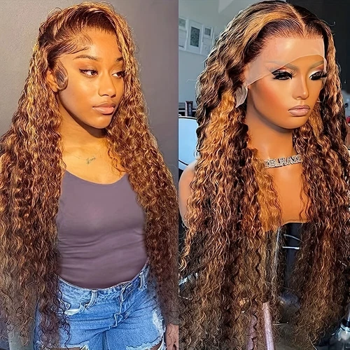 Brown Blonde Ombre Highlights Hair Lace Front Wigs Long Loose Curly Women Party