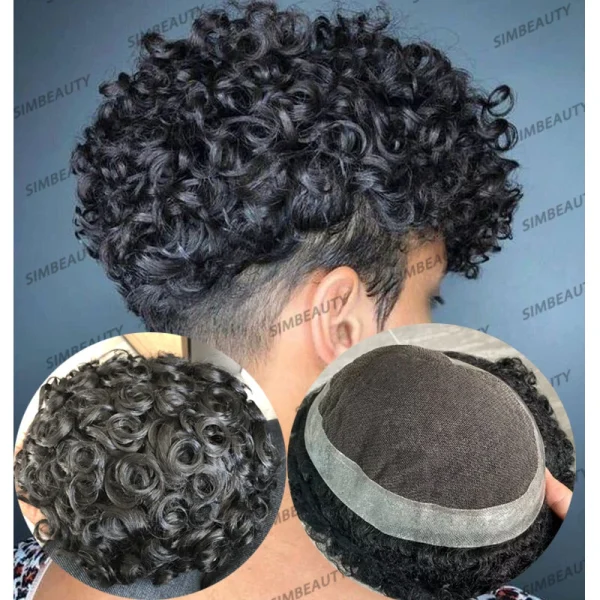 24mm Curly Men Toupee Durable 100% Human Hair Male Wigs Australian Lace &Pu