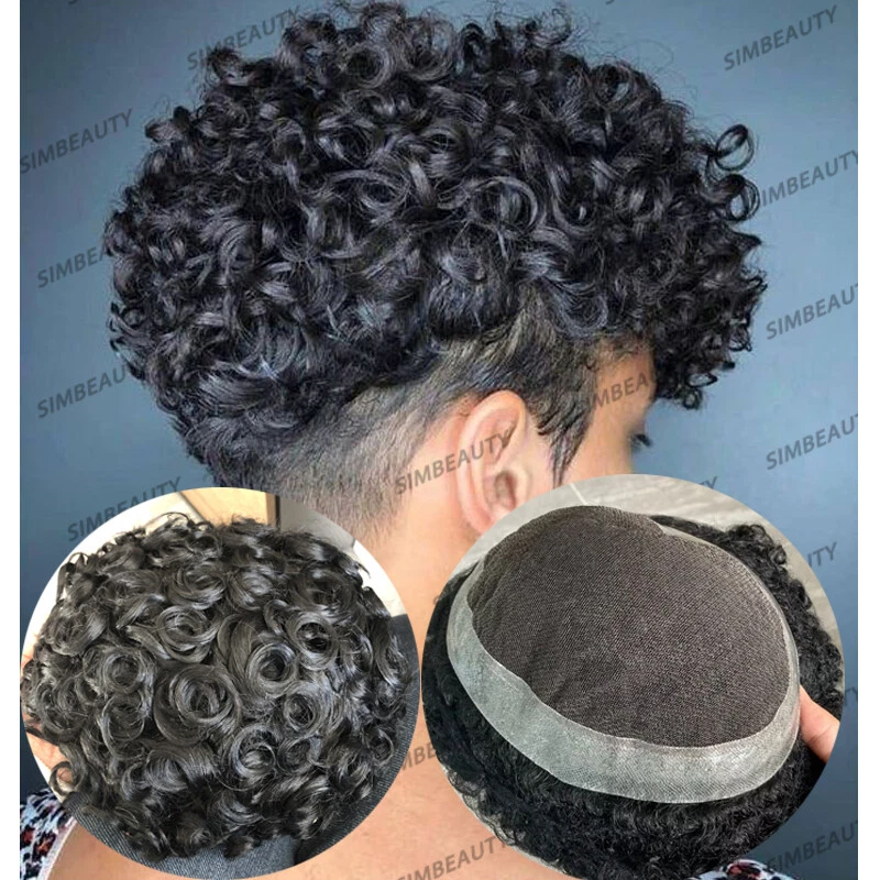 s-l960 (82) 24mm Curly Men Toupee Durable 100% Human Hair Male Wigs Australian Lace &Pu - Image 1