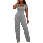 Womens 2Pcs Outfits Square Neck Short Sleeve Top Wide Leg Pants Tracksuit Sets