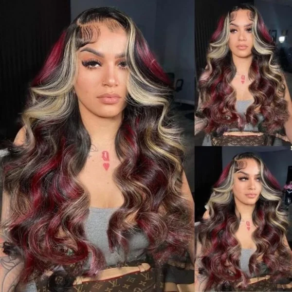 Stunning Black Red Blonde Highlight Wig - 13X4 Lace Front Human Hair