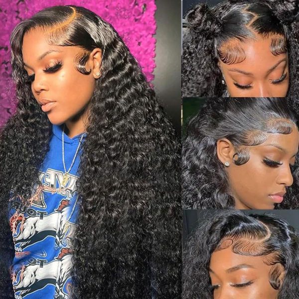 30 Inch Deep Wave Lace Front Wigs Human Hair 200 Density 13x4 HD Lace Frontal Wigs Human Hair Pre Plucked Deep Curly Glueless Wigs Human Hair for Women Natural Black