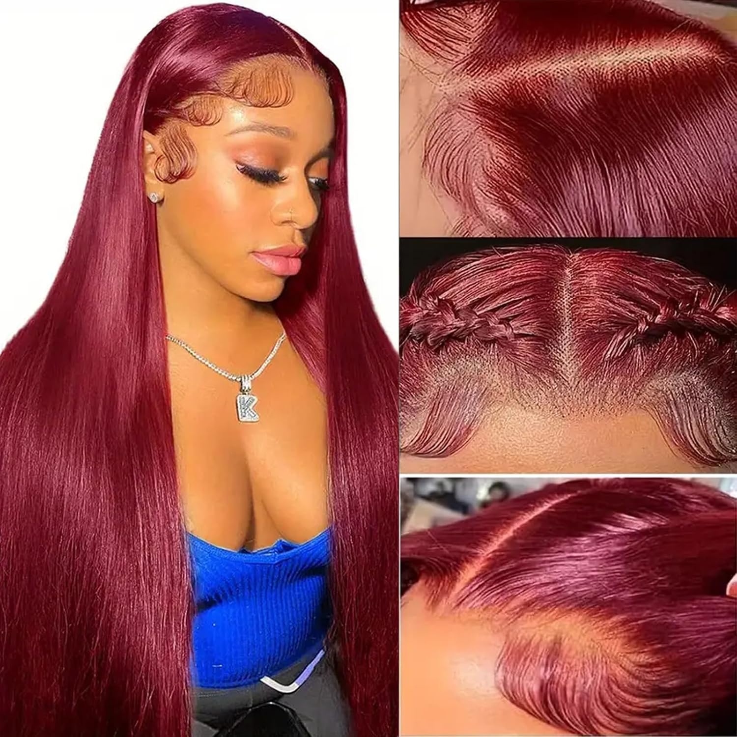 81AgwoniSGL._SL1500_ (1) ULRICA 99J Burgundy Lace Front Wigs for Black Women 28 Inch 13x4 HD Lace Burgundy Wig Human Hair Pre Plucked Red Lace Front Wigs 180% Density Straight Burgundy Human Hair Wig - Image 1