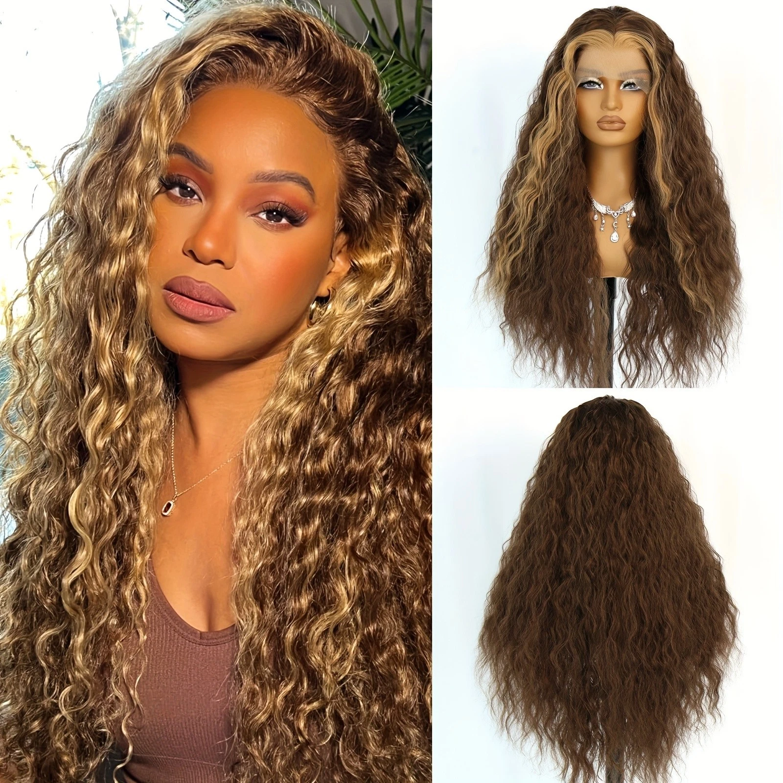 s-l1600 - 2026-07-13T233910.435 Pre Brown Blonde Highlights Loose Curly Glueless Lace Front WigsPlucked Women - Image 1