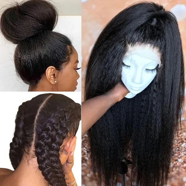 Kinky Straight Black Hair Frontal Lace Replacement Wigs Glueless Pre Plucked Wig