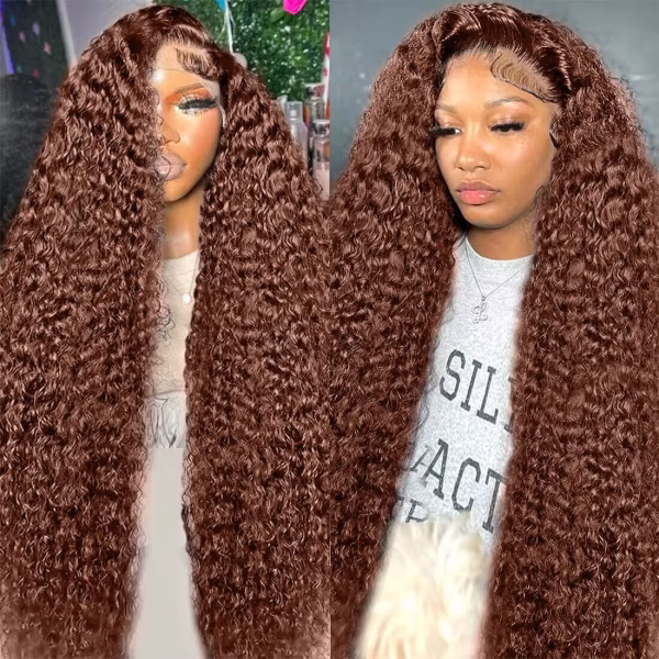ghotool 250% Density Mongolian Curly Lace Front Wigs Human Hair 13x6 Auburn Brown HD Transparent Lace Front Wigs Human Hair for Women With Baby Hair Chocolate Deep Curly Lace Frontal Wig