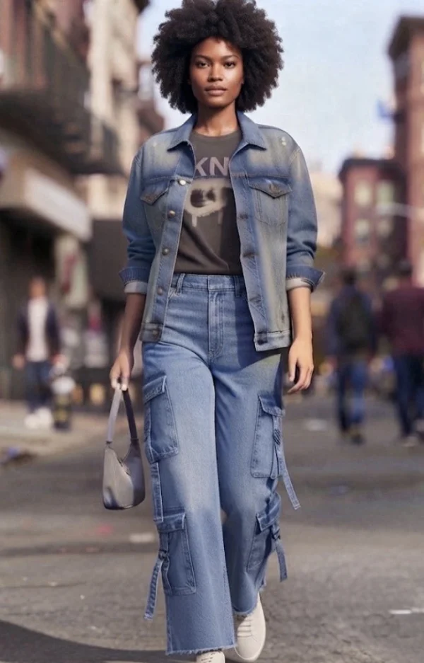 Forever 21 Premium Wide Leg Stretch Denim Cargo Jean Utility Y2K Grunge Baggy 30
