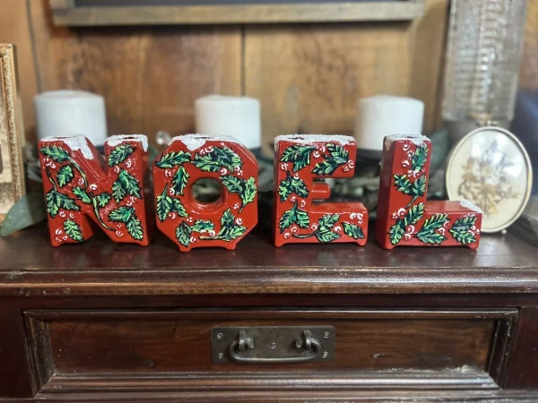 Ceramic NOEL Letter Set Red Holly Berry Candle Holders
