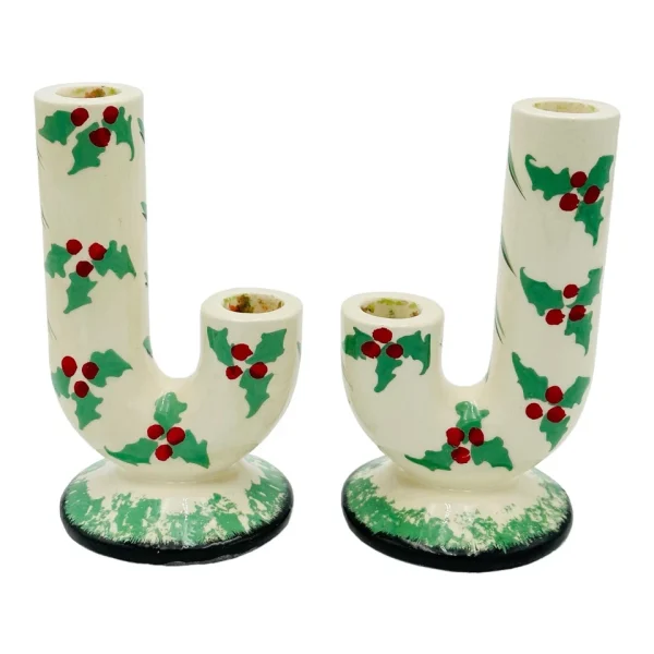 Ceramic Christmas Holly Candle Holders Set Of 2 VINTAGE RARE 1950 MCM