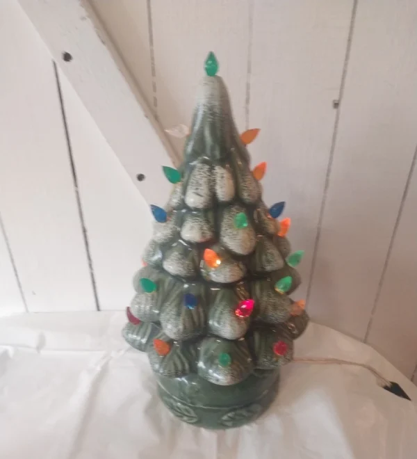 Vintage 1970’s Ceramic Flocked Christmas Tree & Holly Base & It Lights Up 11.5"
