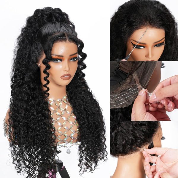 Deep Wave Hidden Strap Glueless 360 Lace Front Wig Human Hair, Pre-Cut HD Lace with Drawstring, Pre-Plucked & Bleached Knots, 26 Inch 180 Density Wet & Wavy Natural Look for Black Women