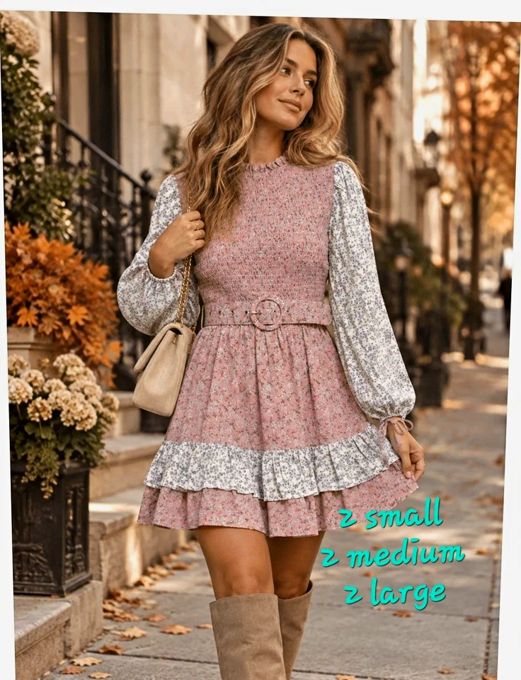 s-l960 - 2026-10-09T164432.828 Have one to sell? Sell one like this Sell something else Share Women’s Pink/White Floral Midi Dress S Round Neck Long Balloon Sleeve Belted - Image 1